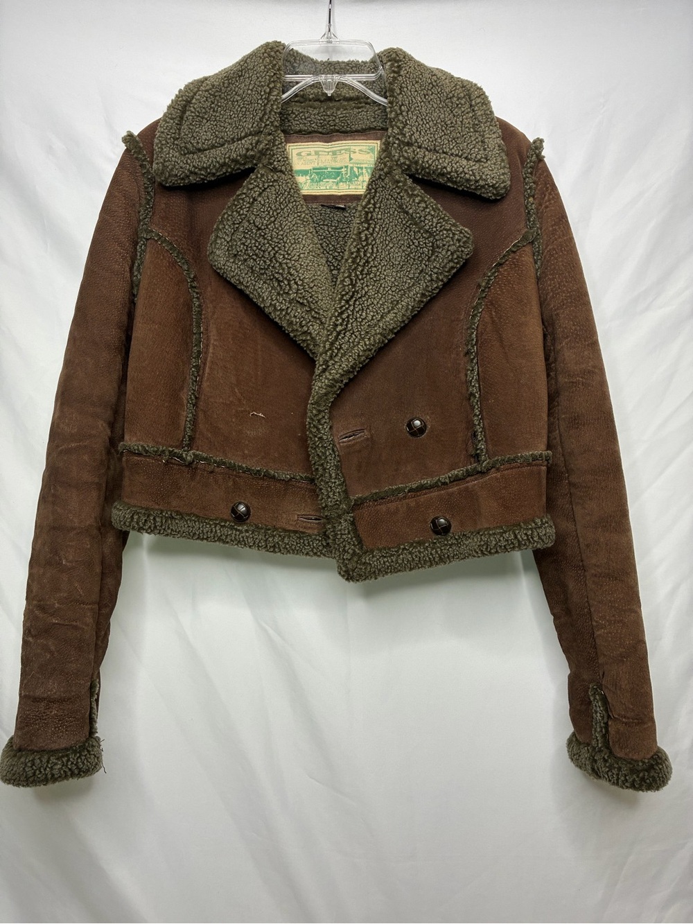 GUESS Womens Small Brown Faux Suede Shearling Cropped Aviator Jacket Y2K